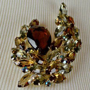 Vintage Signed Large Topaz Rhinestone Brooch